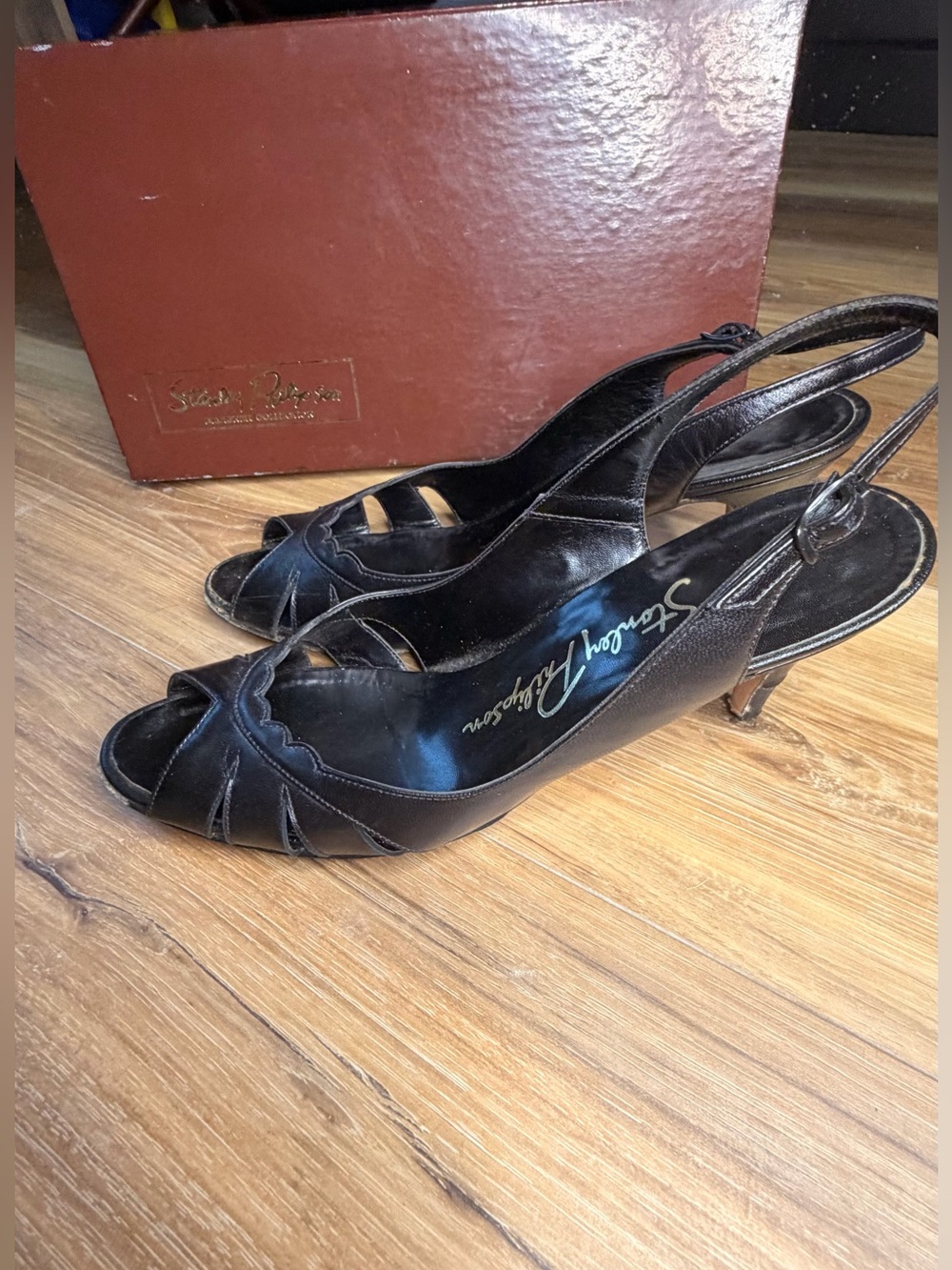 Vintage 1960s Stanley Philipson Black Leather Slingback Heels 8.5 AAA Peep Toe